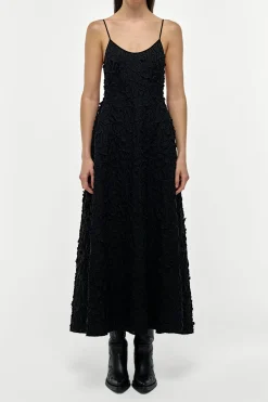 Nexus Embroidered Leaves Maxi Dress in Black Linen