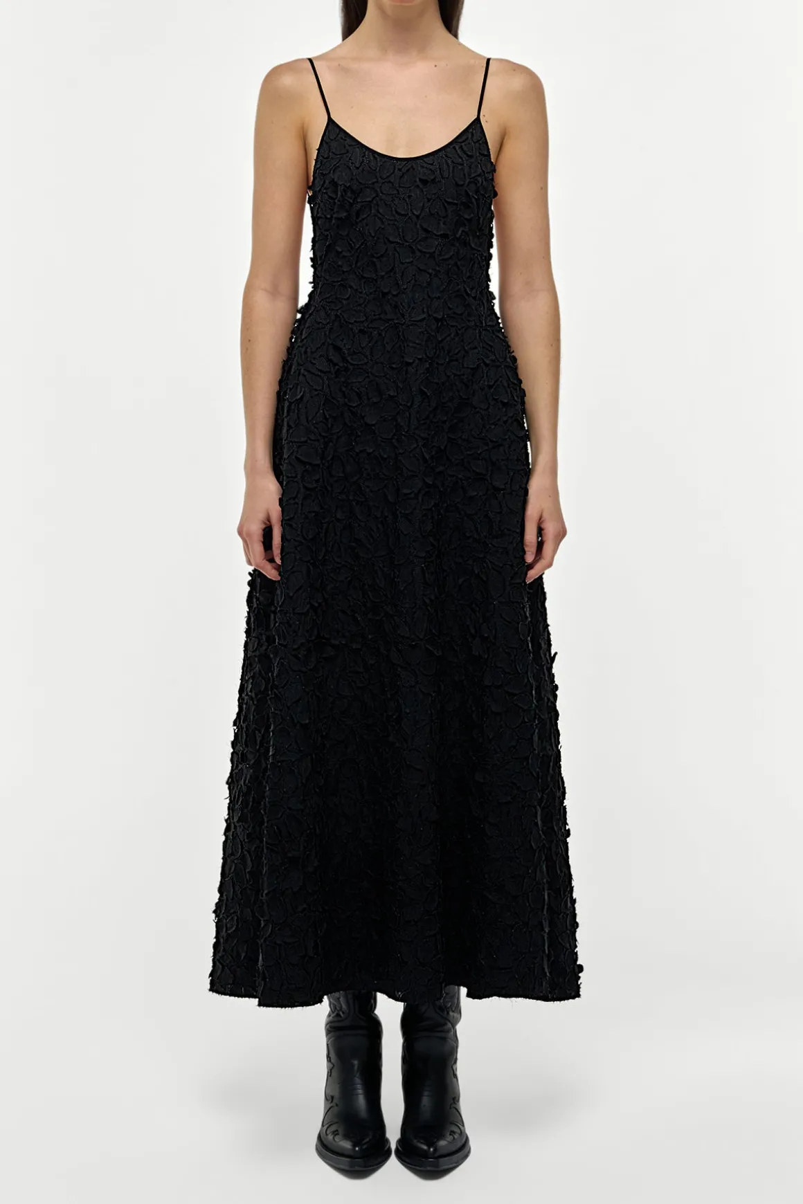 Nexus Embroidered Leaves Maxi Dress in Black Linen