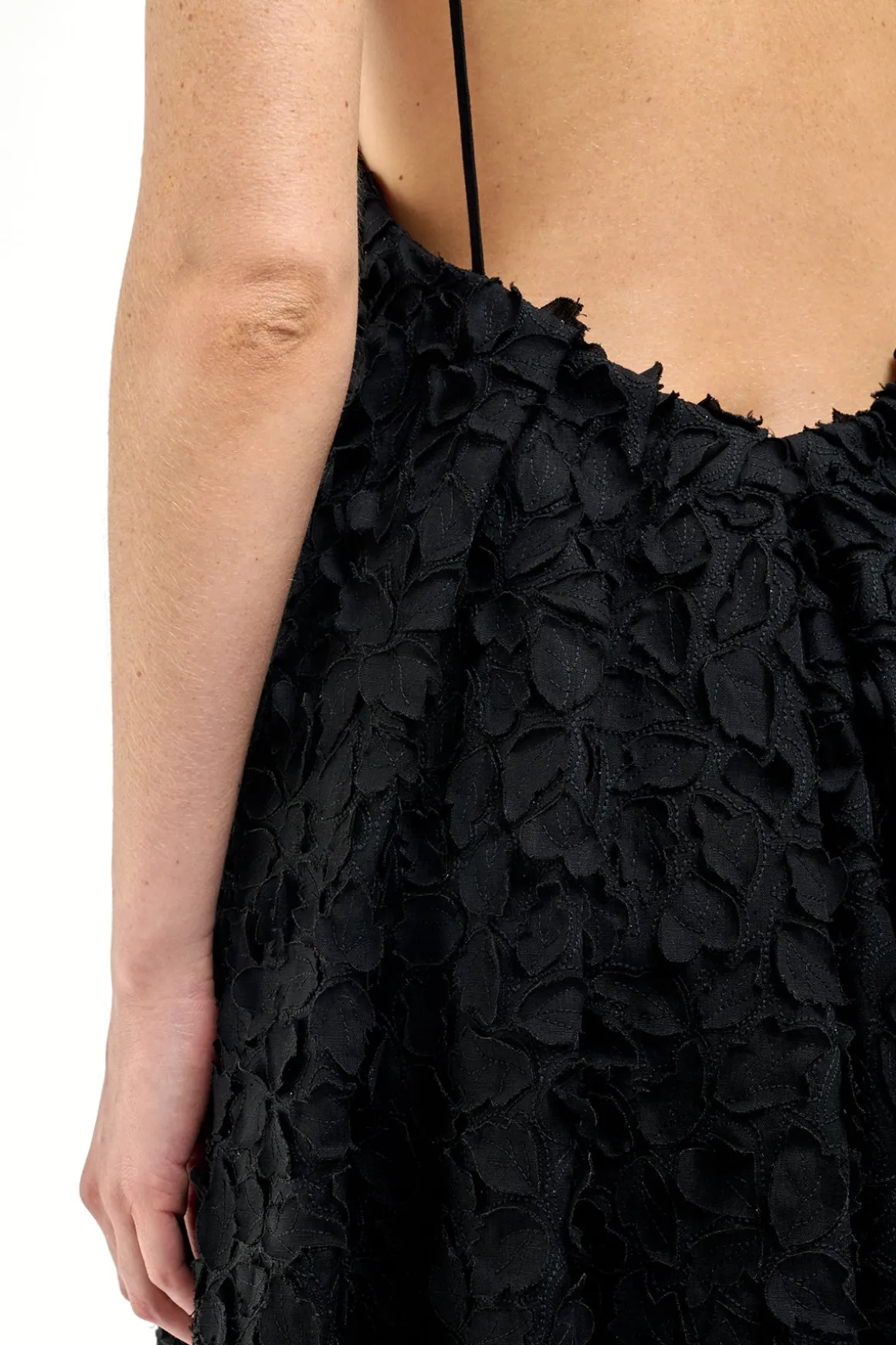 Nexus Embroidered Leaves Maxi Dress in Black Linen