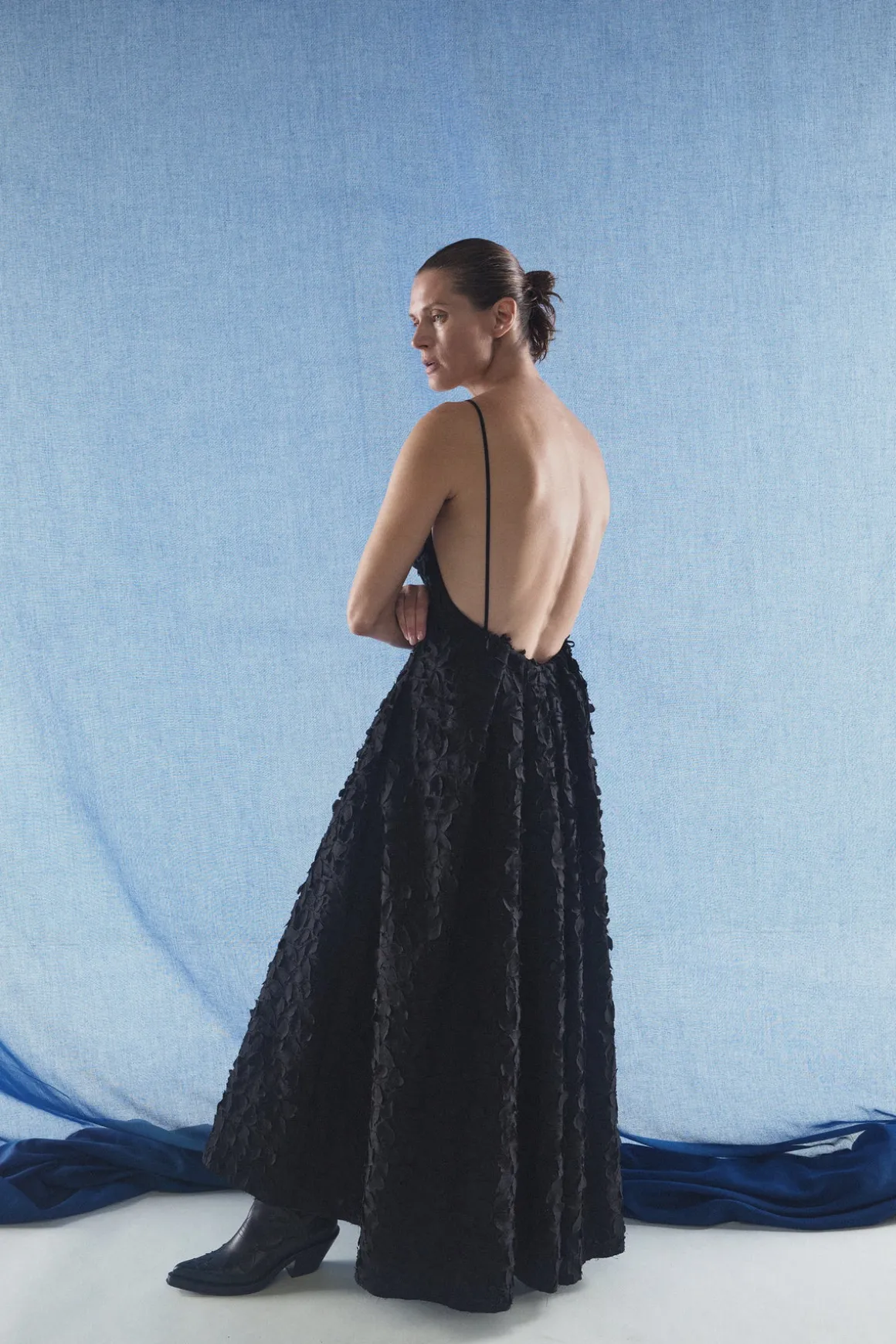 Nexus Embroidered Leaves Maxi Dress in Black Linen