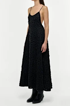Nexus Embroidered Leaves Maxi Dress in Black Linen