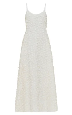 Nexus Embroidered Leaves Maxi Dress in Ivory Linen