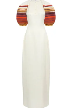 Nomo Crochet Puff Sleeve Maxi Dress in Ivory Textured Linen Twill