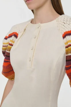 Nomo Crochet Puff Sleeve Maxi Dress in Ivory Textured Linen Twill