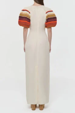 Nomo Crochet Puff Sleeve Maxi Dress in Ivory Textured Linen Twill