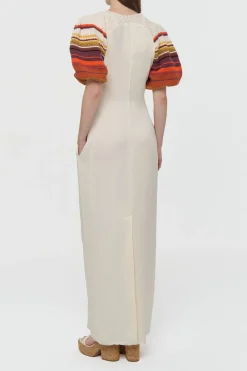 Nomo Crochet Puff Sleeve Maxi Dress in Ivory Textured Linen Twill