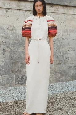 Nomo Crochet Puff Sleeve Maxi Dress in Ivory Textured Linen Twill