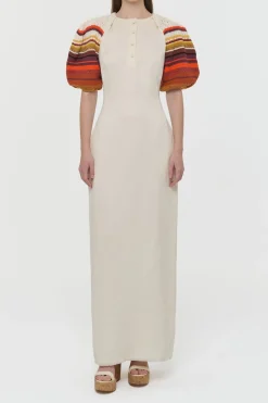 Nomo Crochet Puff Sleeve Maxi Dress in Ivory Textured Linen Twill