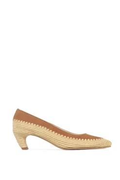 Peggy Heel in Camel Suede & Natural Raffia