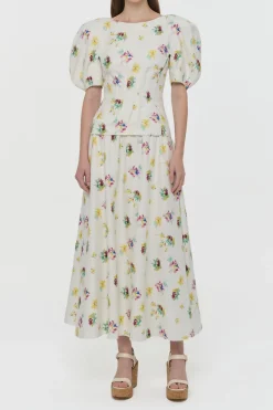 Penelope Mia's Flowers Maxi Skirt in Ivory Muli Printed Linen Twill