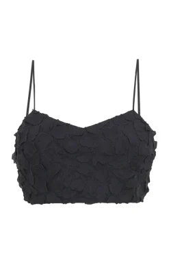 Priya Embroidered Leaves Top in Black Linen