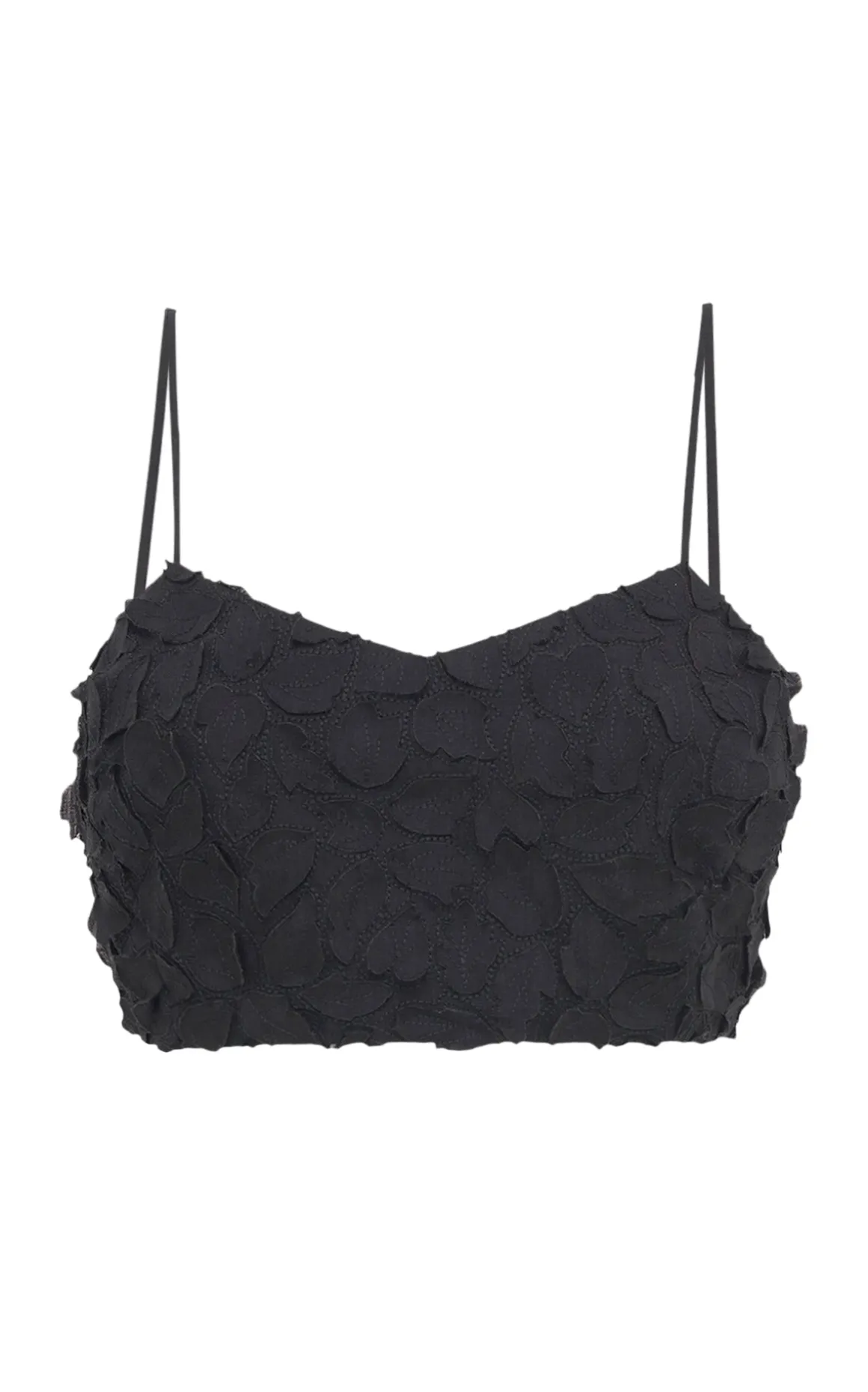 Priya Embroidered Leaves Top in Black Linen