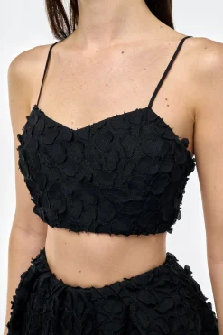 Priya Embroidered Leaves Top in Black Linen
