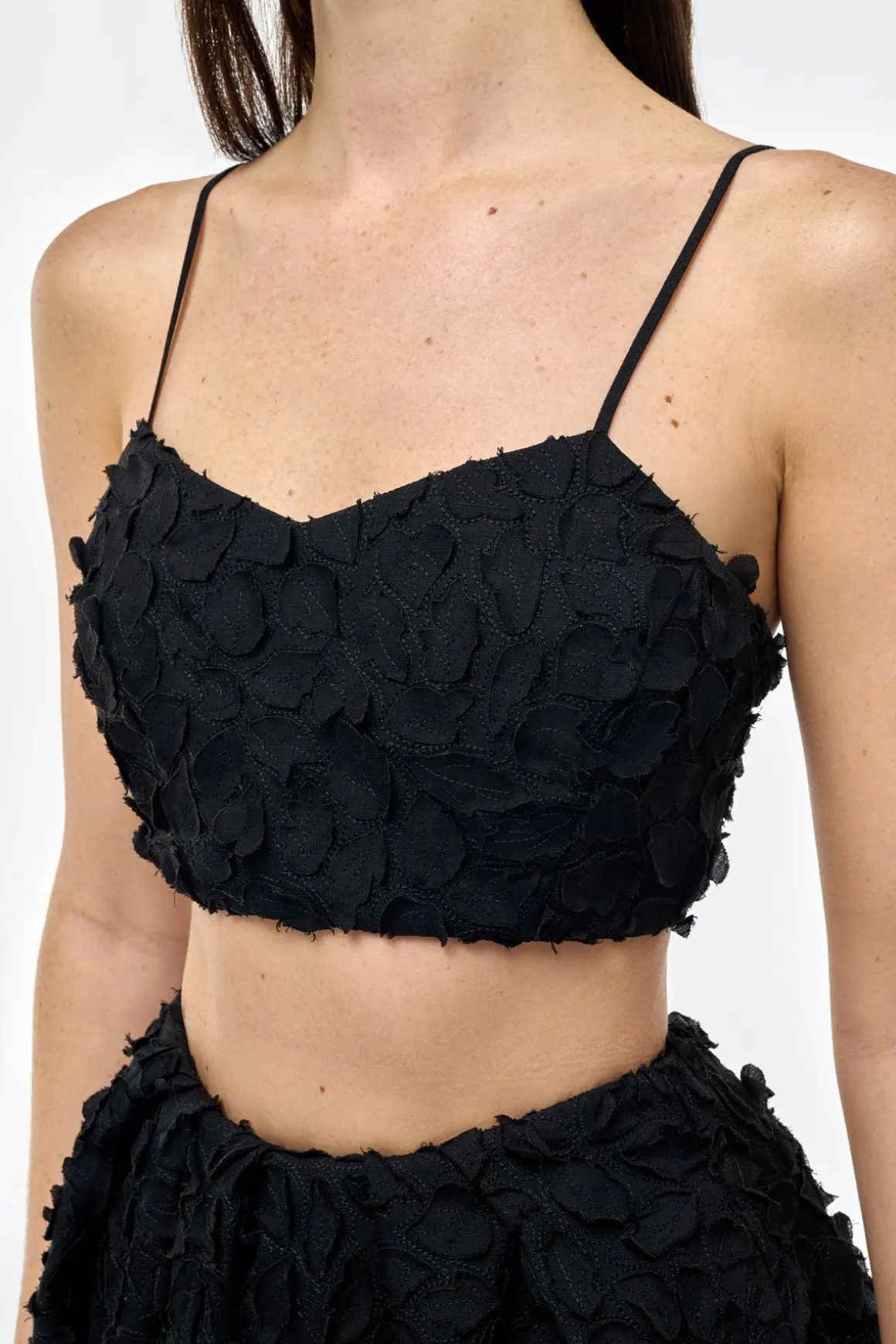 Priya Embroidered Leaves Top in Black Linen