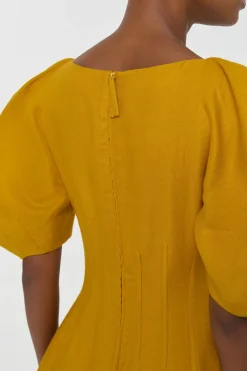 Ranya Puff Sleeve Maxi Dress in Golden Birch Linen Twill