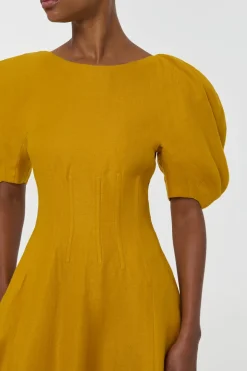Ranya Puff Sleeve Maxi Dress in Golden Birch Linen Twill