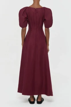 Ranya Puff Sleeve Maxi Dress in Bordeaux Linen Twill