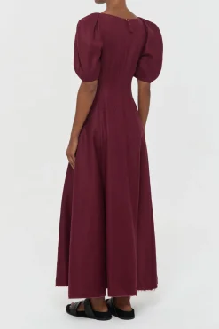 Ranya Puff Sleeve Maxi Dress in Bordeaux Linen Twill