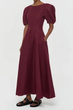 Ranya Puff Sleeve Maxi Dress in Bordeaux Linen Twill