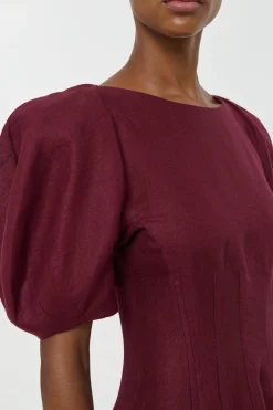 Ranya Puff Sleeve Maxi Dress in Bordeaux Linen Twill