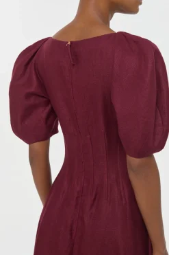 Ranya Puff Sleeve Maxi Dress in Bordeaux Linen Twill