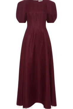 Ranya Puff Sleeve Maxi Dress in Bordeaux Linen Twill