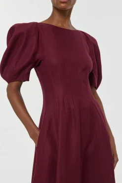Ranya Puff Sleeve Maxi Dress in Bordeaux Linen Twill
