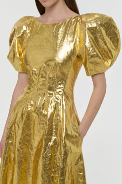 Ranya Puff Sleeve Maxi Dress in Metallic Gold Linen Twill