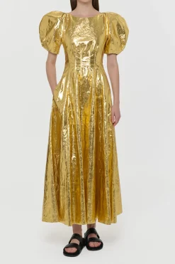 Ranya Puff Sleeve Maxi Dress in Metallic Gold Linen Twill