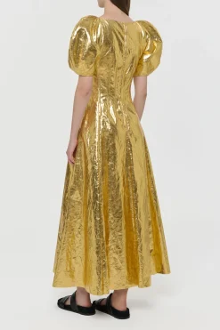 Ranya Puff Sleeve Maxi Dress in Metallic Gold Linen Twill