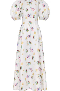 Ranya Puff Sleeve Mia's Flowers Maxi Dress in Ivory Multi Printed Linen Twill