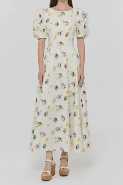 Ranya Puff Sleeve Mia's Flowers Maxi Dress in Ivory Multi Printed Linen Twill
