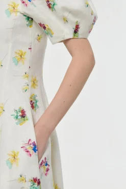 Ranya Puff Sleeve Mia's Flowers Maxi Dress in Ivory Multi Printed Linen Twill