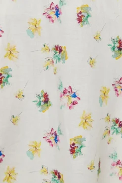 Ranya Puff Sleeve Mia's Flowers Maxi Dress in Ivory Multi Printed Linen Twill