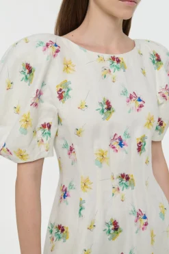 Ranya Puff Sleeve Mia's Flowers Maxi Dress in Ivory Multi Printed Linen Twill