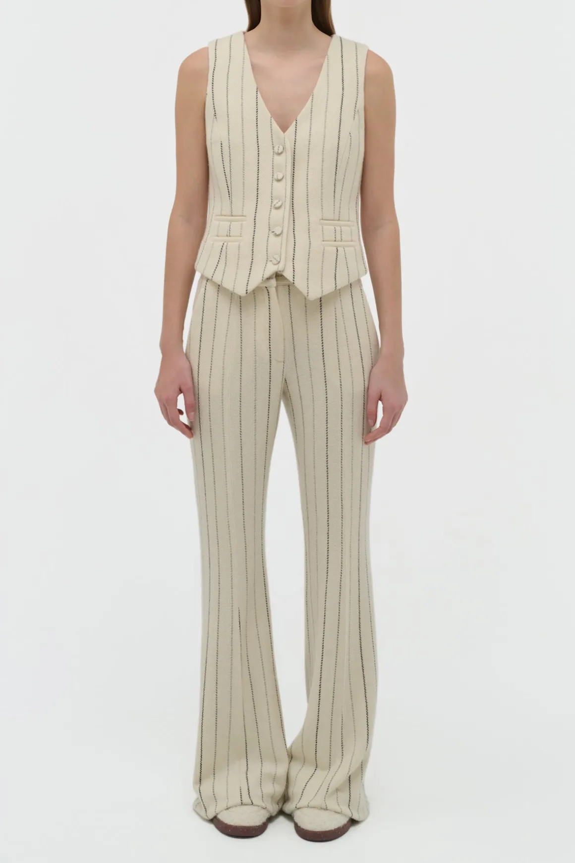 Rhein Flare Pant in Ivory Multi Pinstripe Wool Cashmere