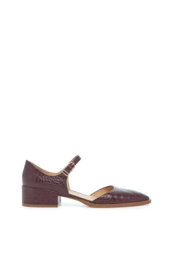 Riley Sandal in Bordeaux Crocodile Embossed Leather