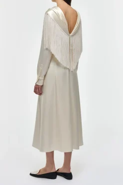 Rouge Fringe Scarf Dress in Ivory Silk Satin