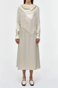 Rouge Fringe Scarf Dress in Ivory Silk Satin