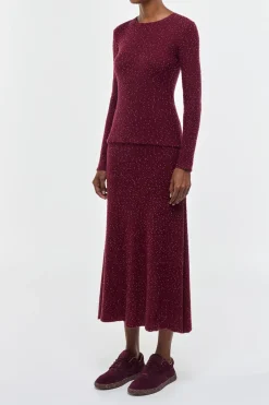 Sabine Knit Midi Skirt in Bordeaux Beaded Cashmere Silk