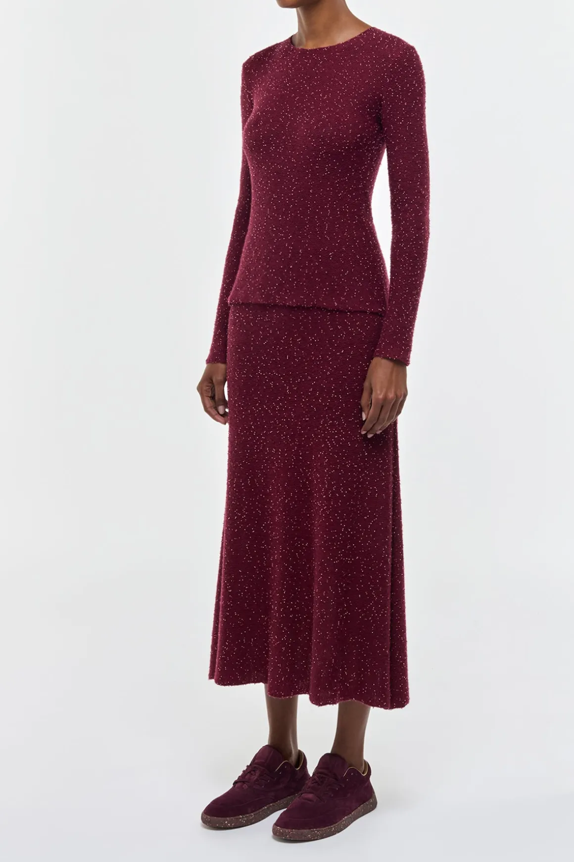 Sabine Knit Midi Skirt in Bordeaux Beaded Cashmere Silk