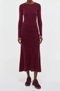 Sabine Knit Midi Skirt in Bordeaux Beaded Cashmere Silk