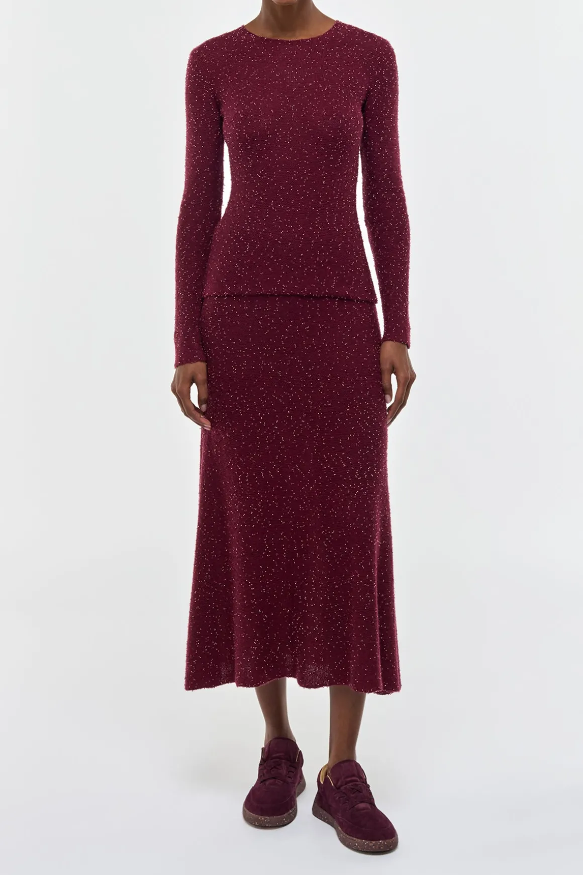 Sabine Knit Midi Skirt in Bordeaux Beaded Cashmere Silk