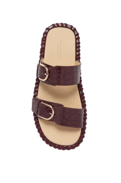 Sage Flat Sandal in Bordeaux Crocodile Embossed Leather