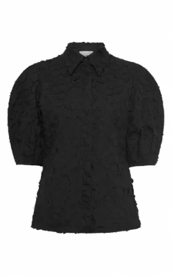 Sansi Embroidered Leaves Top in Black Linen