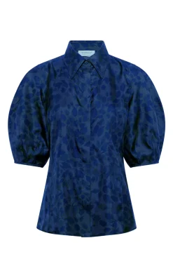 Sansi Top in Electric Navy Printed Silk Twill