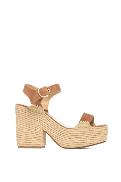 Sardis Platform Sandal in Camel Suede & Natural Raffia