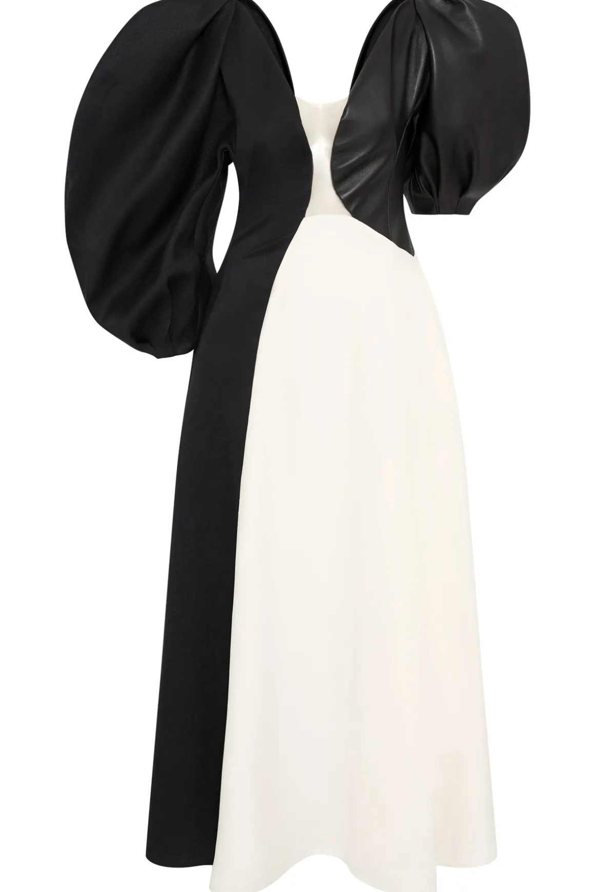 Sephir Puff Sleeve Maxi Dress in Ivory Silk Wool Cady, Black Linen Slub & Leather