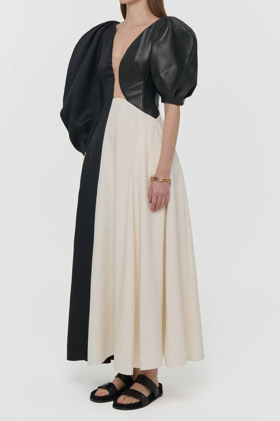 Sephir Puff Sleeve Maxi Dress in Ivory Silk Wool Cady, Black Linen Slub & Leather