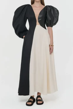Sephir Puff Sleeve Maxi Dress in Ivory Silk Wool Cady, Black Linen Slub & Leather